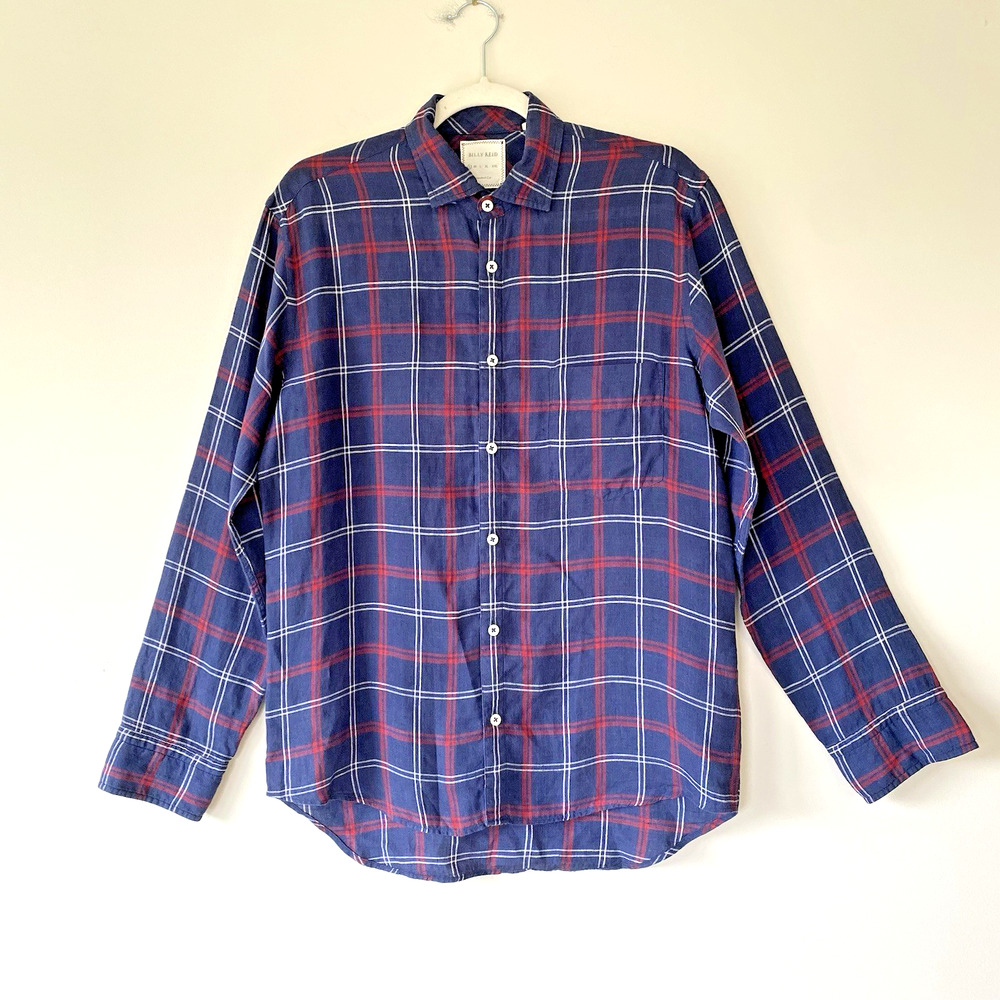Billy Reid 100% Linen Blue Plaid Shirt Mens Small Standard Fit Casual Preppy
